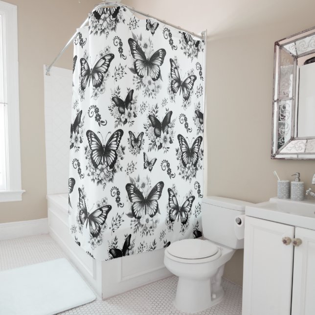 Black White Butterfly Pattern Shower Curtain (In Situ)