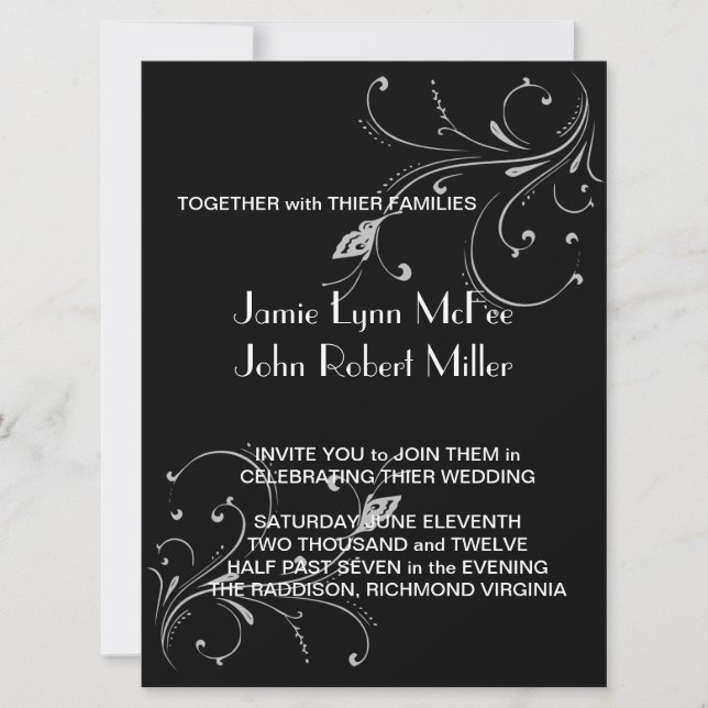 Black & White Butterfly Scroll Wedding Invitation (Front)