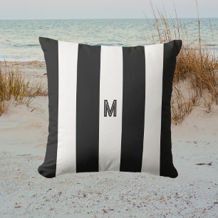 Black & White Cabana Stripe Minimal Monogram Cushion
