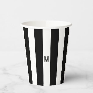 Black & White Cabana Stripe Minimal Monogram Paper Cups