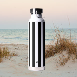Black & White Cabana Stripe Minimal Monogram Water Bottle