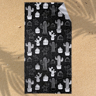 Black & White Cactus Doodle Pattern Beach Towel