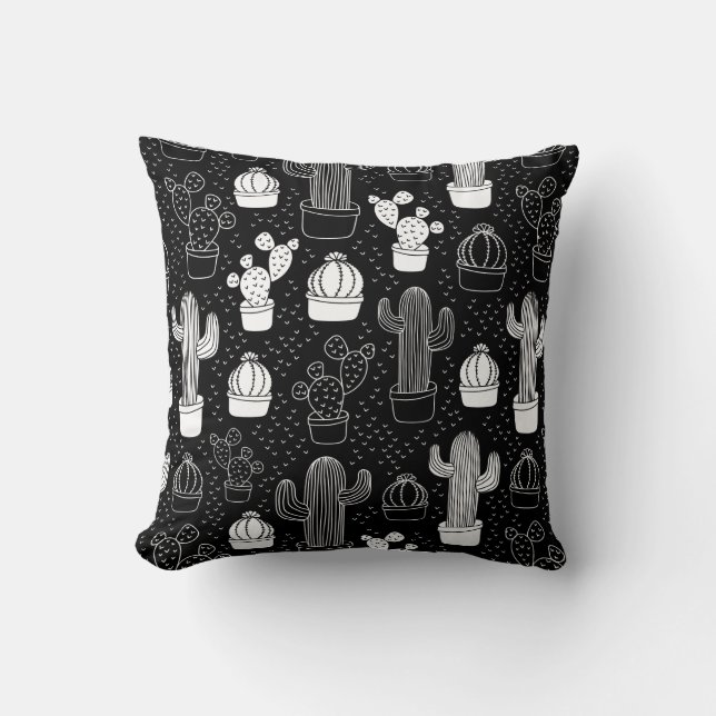 Black & White Cactus Doodle Pattern Cushion (Front)