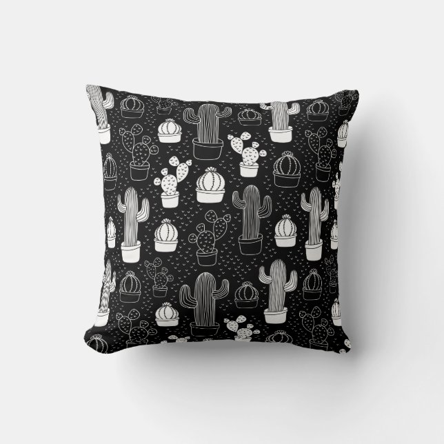 Black & White Cactus Doodle Pattern Cushion (Front)