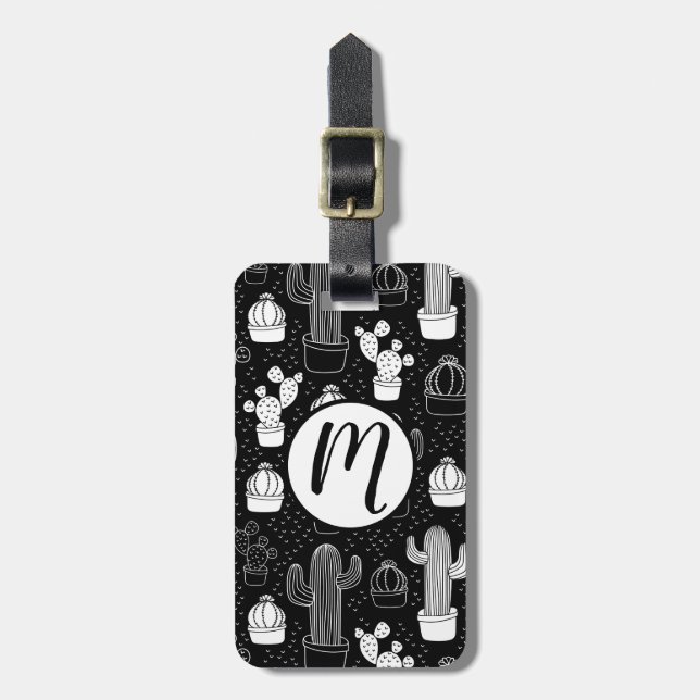 Black & White Cactus Doodle Pattern Luggage Tag (Front Vertical)