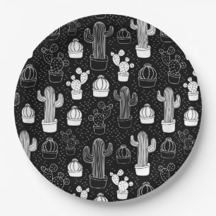 Black & White Cactus Doodle Pattern Paper Plate