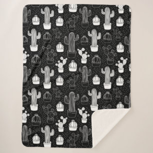 Black & White Cactus Doodle Pattern Sherpa Blanket