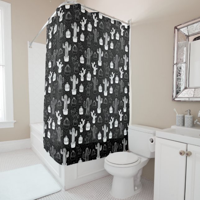 Black & White Cactus Doodle Pattern Shower Curtain (In Situ)