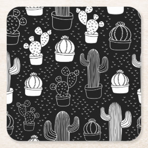 Black & White Cactus Doodle Pattern Square Paper Coaster