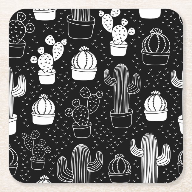 Black & White Cactus Doodle Pattern Square Paper Coaster (Front)