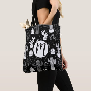 Black & White Cactus Doodle Pattern Tote Bag