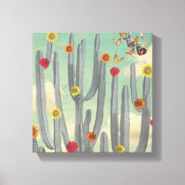 Black & white cactus with flowers Collage Art Canvas Print (Front)