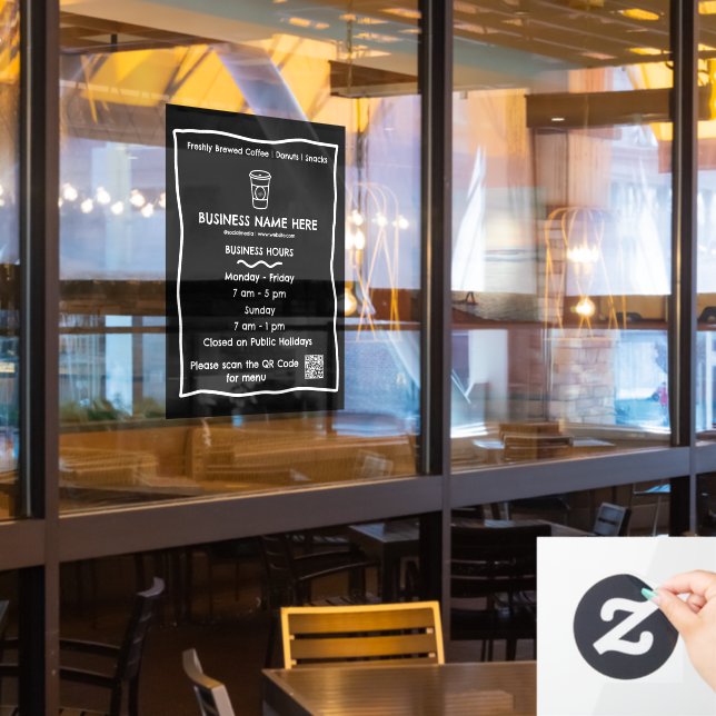 Black & White Cafe QR Code Business Hours (Restaurant Window)