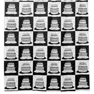 Black White Cake Checkered Block Print Shower Curtain
