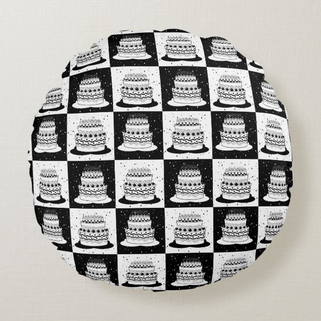 Black White Cake Chequered Block Print Round Cushion (Front)