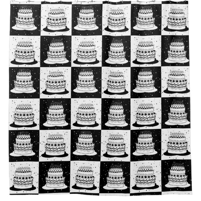 Black White Cake Chequered Block Print Shower Curtain (Front)