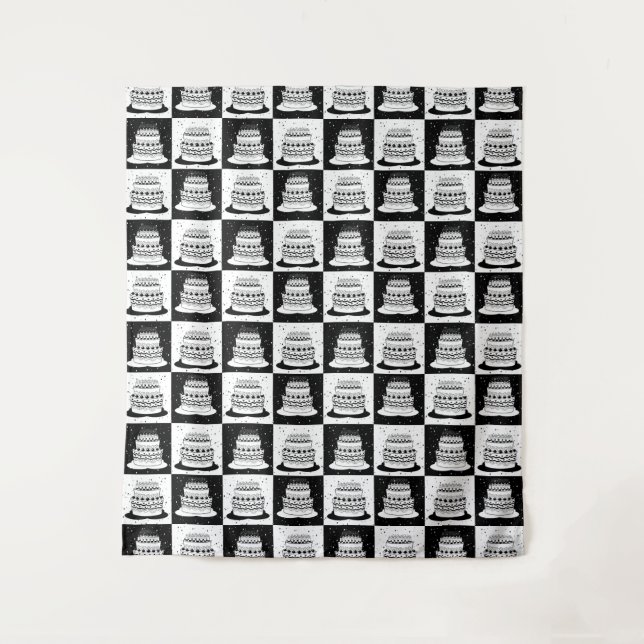 Black White Cake Chequered Block Print Tapestry (Front)