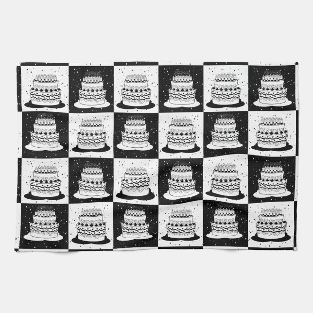 Black White Cake Chequered Block Print Tea Towel (Horizontal)