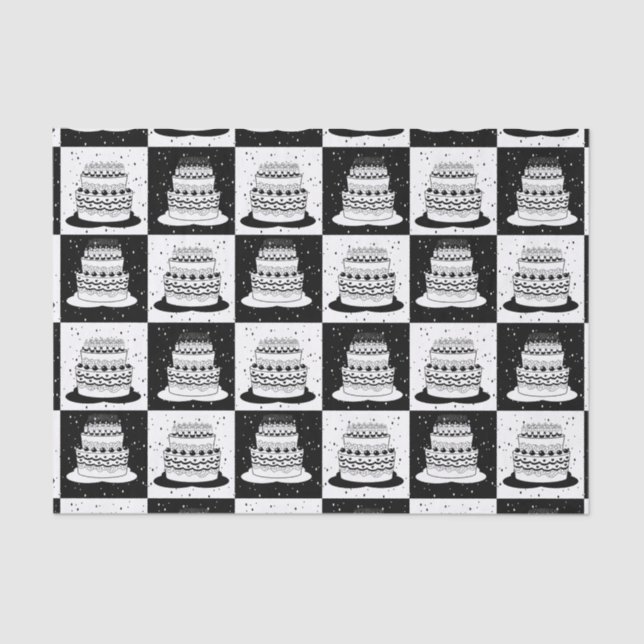 Black White Cake Chequered Block Print Tissue Paper (Front)