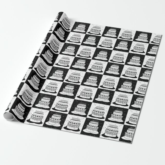 Black White Cake Chequered Block Print Wrapping Paper (Unrolled)