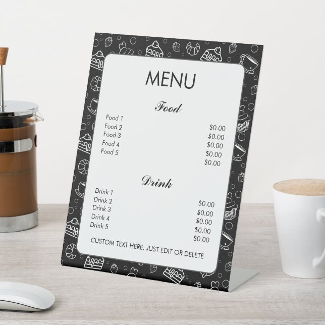 Black White Cake Pastries Bakery Custom Text Menu Pedestal Sign (In SItu)