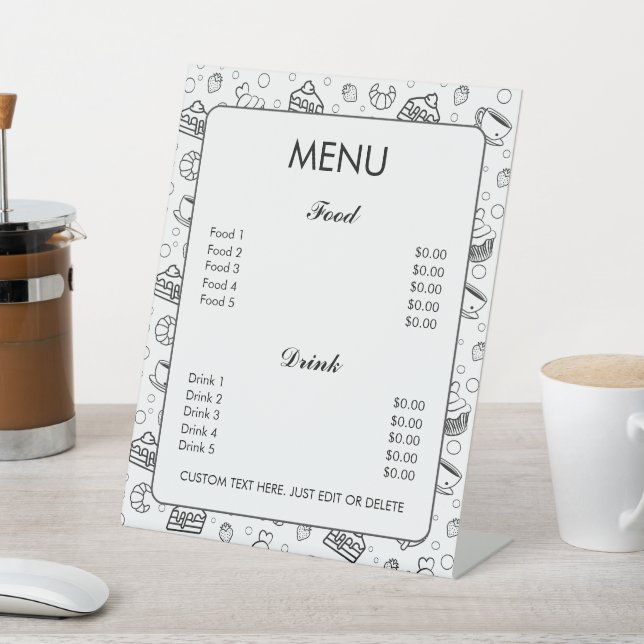 Black White Cake Pastries Bakery Custom Text Menu Pedestal Sign (In SItu)