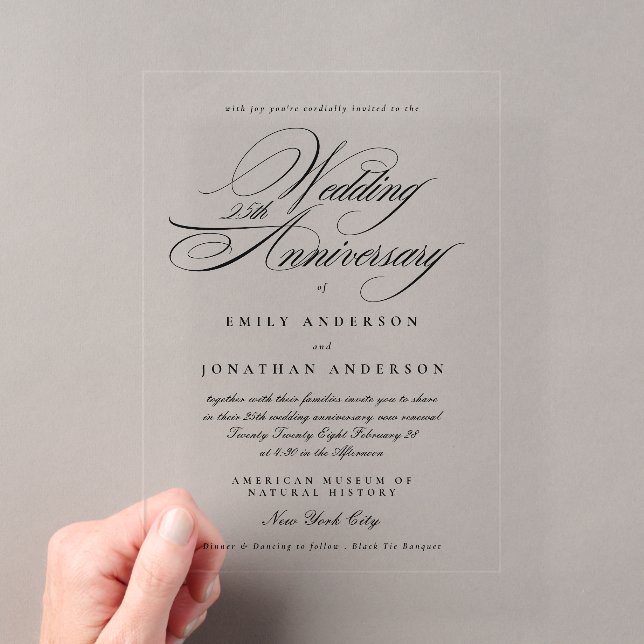 Black White Calligraphy 25th Wedding Anniversary Acrylic Invitations (Insitu (Handheld))