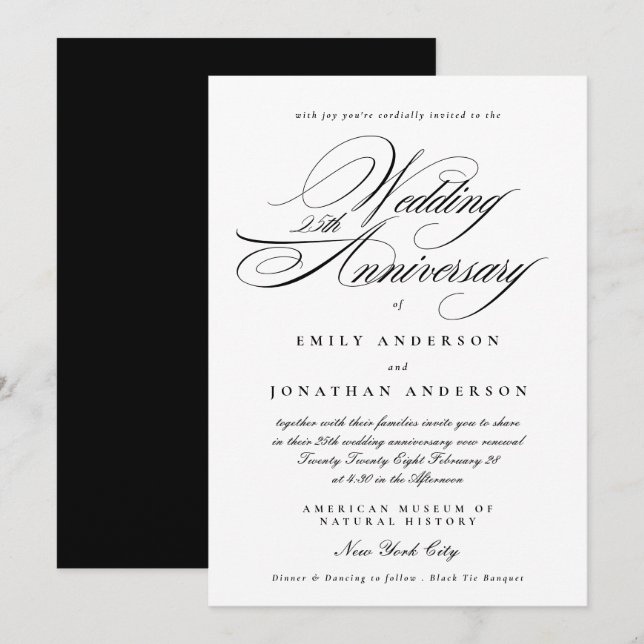 Black White Calligraphy 25th Wedding Anniversary Invitation (Front/Back)