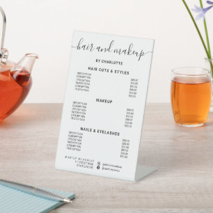 Black white calligraphy hair makeup salon price pedestal sign