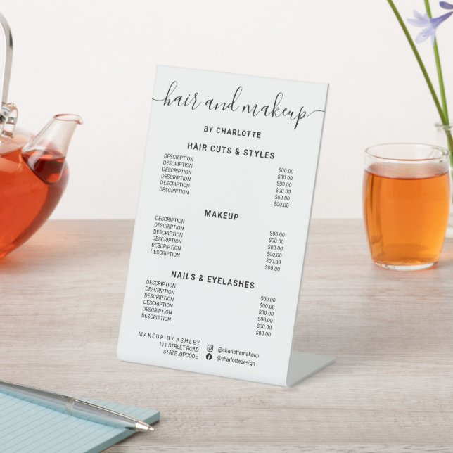 Black white calligraphy hair makeup salon price pedestal sign (In SItu)