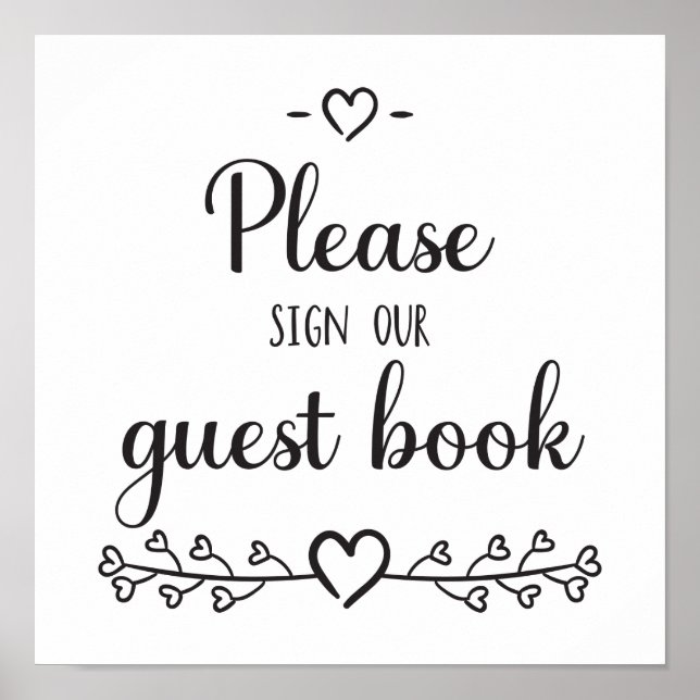 Black White Calligraphy Hearts Wedding Guest Book (Front)