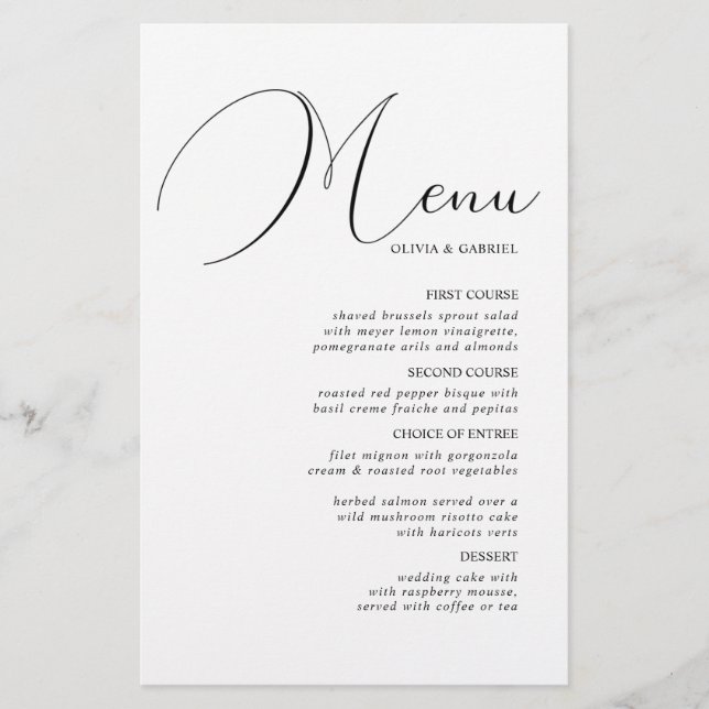 Black white Calligraphy minimalist wedding menu (Front)