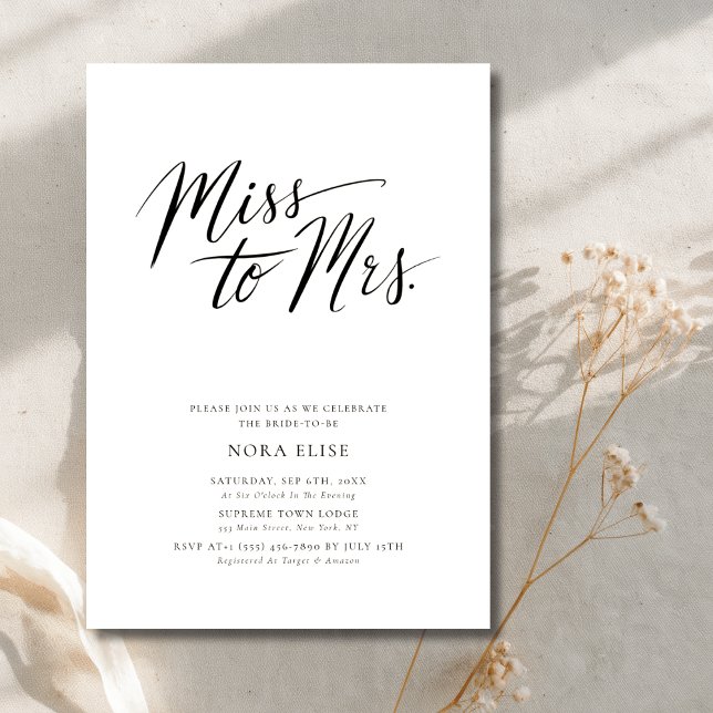 Black White Calligraphy Miss to Mrs Bridal Shower Invitation (Creator Uploaded)