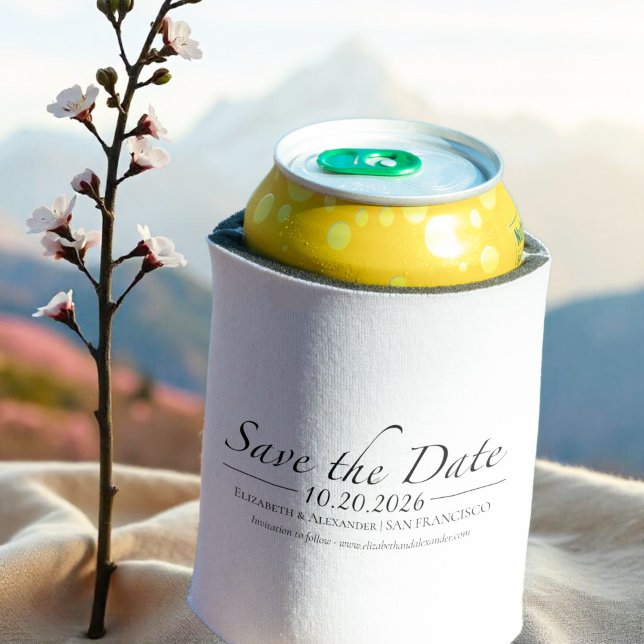 Black & White Calligraphy Photo Save the Date Can Cooler (Creator Uploaded)