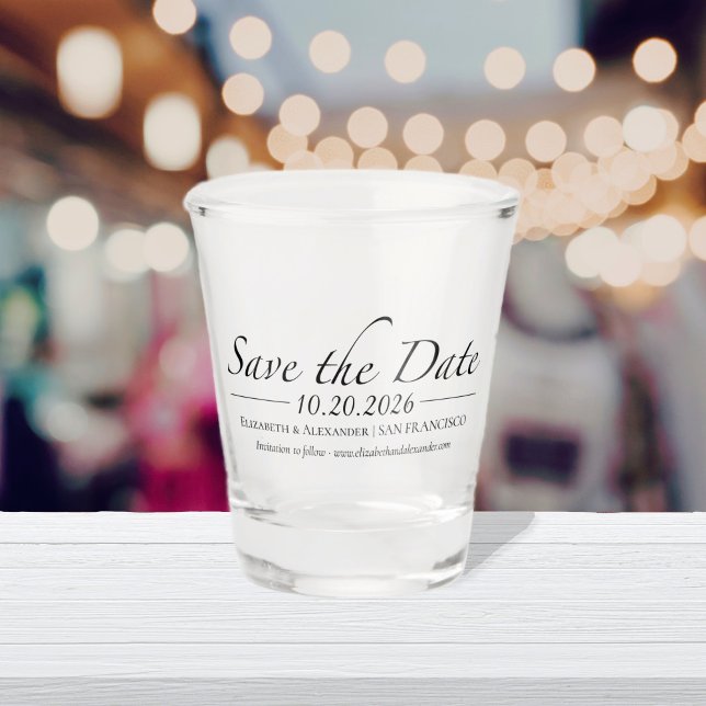 Black & White Calligraphy Photo Save the Date Shot Glass (Creator Uploaded)