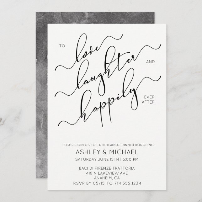 Black White Calligraphy Rehearsal Dinner Invite (Front/Back)