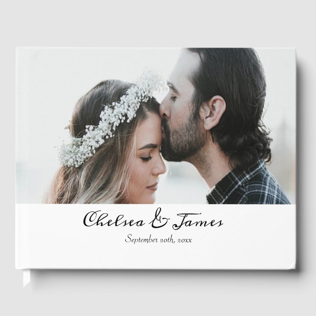 Black & White Calligraphy Script Photo Wedding  Guest Book (Front)