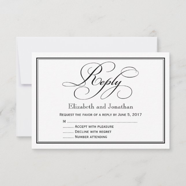 Black & White Calligraphy Script Wedding Reply Invitation (Front)