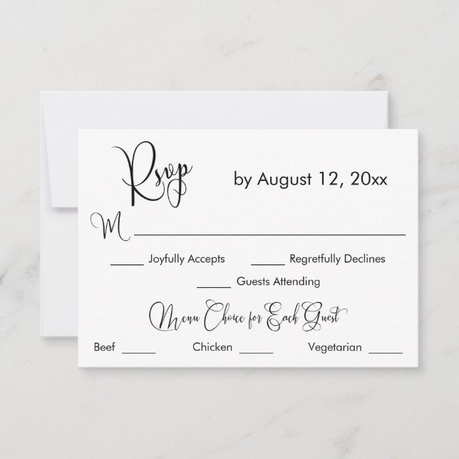 Black & White Calligraphy Three Menu Choice RSVP (Front)