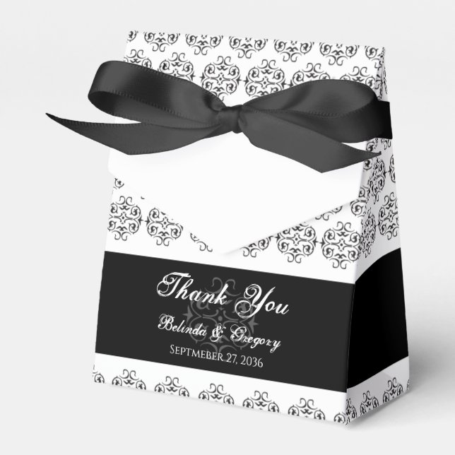 Black & White Calligraphy Vintage Damask Wedding Favour Box (Front Side)