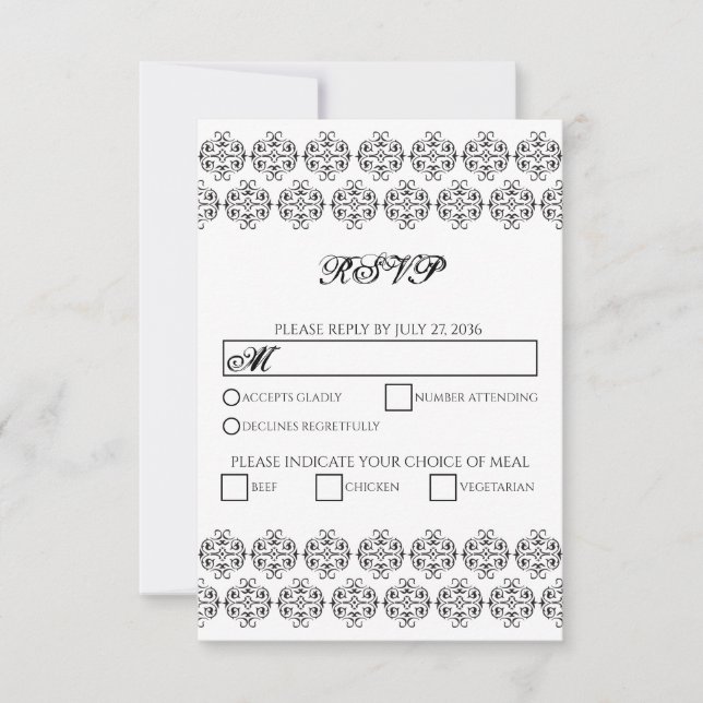 Black & White Calligraphy Vintage Damask Wedding RSVP Card (Front)