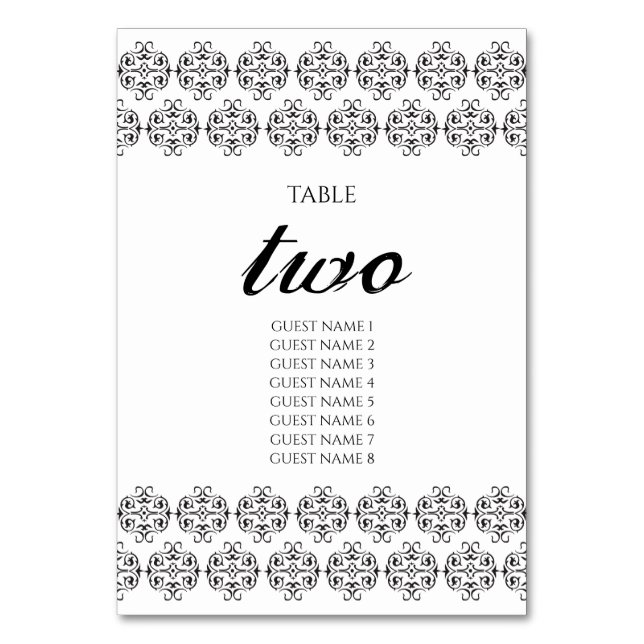 Black & White Calligraphy Vintage Damask Wedding Table Number (Front)
