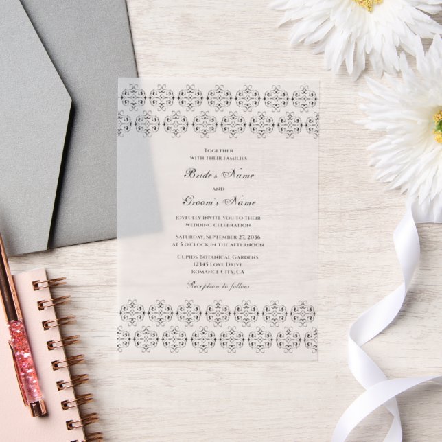Black & White Calligraphy Vintage Damask Wedding Vellum Invitations (Wedding)