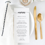 Black & White Calligraphy Wedding Menu<br><div class="desc">Our simple and elegant wedding menu features your starter courses, entrees and desserts topped by your names, wedding date and "menu" in modern calligraphy script lettering. Designed to mix and match with our Ampersand Monogram wedding collection. Use the template fields to add your menu information, and then click "Customise" to...</div>