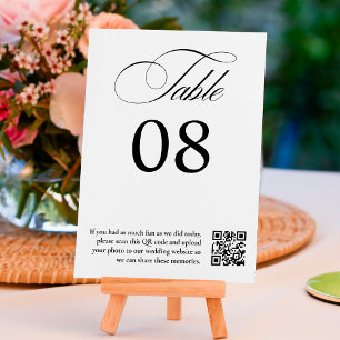 Black white calligraphy wedding QR code Table Number