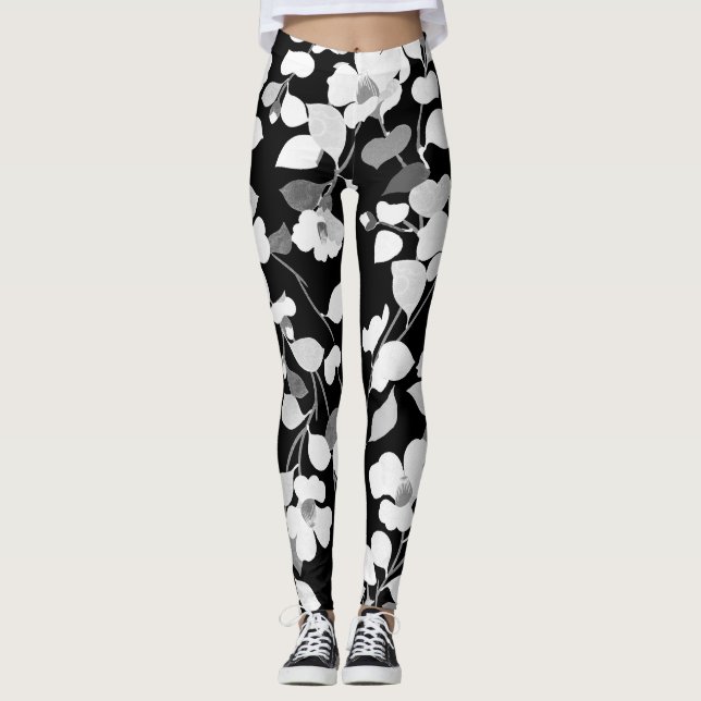 BLACK WHITE CAMELLIAS AND LEAVES  Japanese Floral Leggings (Front)