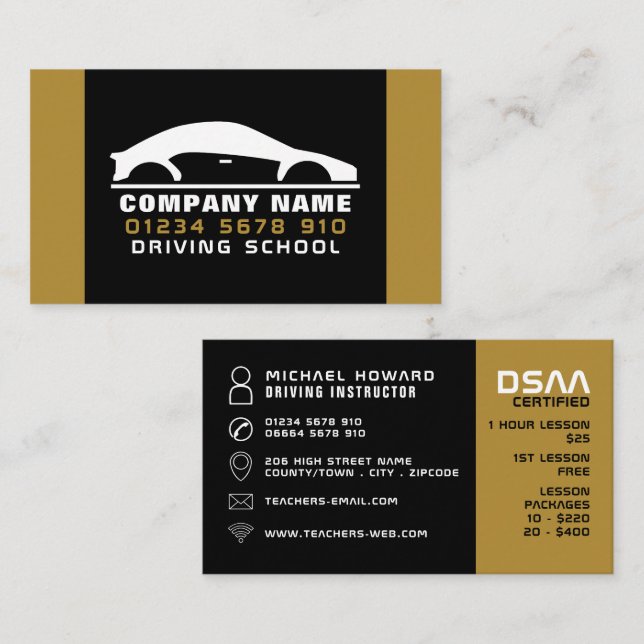 Black & White Car Logo, Driving School, Instructor Business Card (Front/Back)