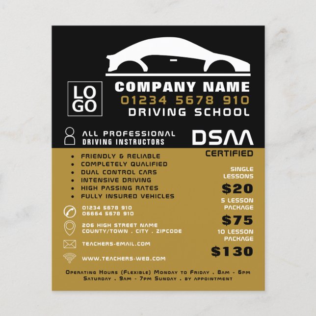 Black & White Car Logo, Driving School, Instructor Flyer (Front)