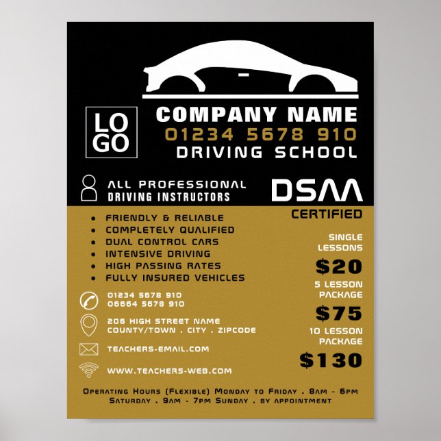 Black & White Car Logo, Driving School, Instructor Poster (Front)