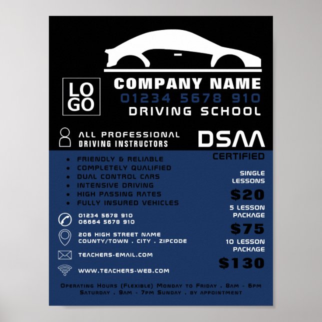 Black & White Car Logo, Driving School, Instructor Poster (Front)